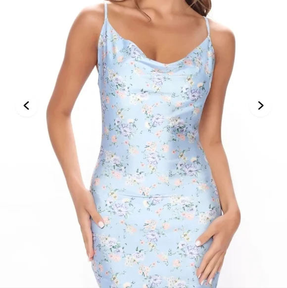 Iris light blue floral sleeveless cowl neck fitted midi dress - Picture 3 of 13